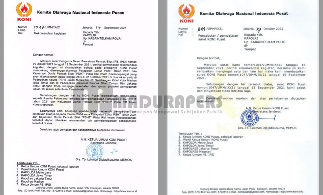 Surat Rekomendasi Kejuaraan Dunia dari KONI dan Surat Pembatalan (Dok. Madurapers, 2021).