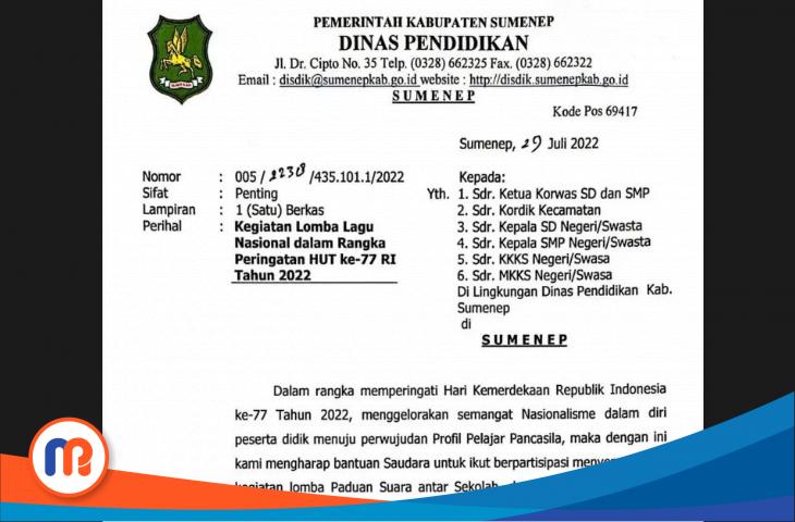 Surat edaran lomba paduan suara Kepala Dinas Pendidikan Kabupaten Sumenep, tanggal 29 Juli 2022 dengan nomor 005/2238/435.101.1/2022