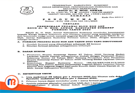 Pengumuman Nomor: 810/208/435.102.101/2023 tentang Penerimaan Pegawai BLUD Non ASN RSUD dr. H. Moh. Anwar Kabupaten Sumenep Formasi Tahun 2023