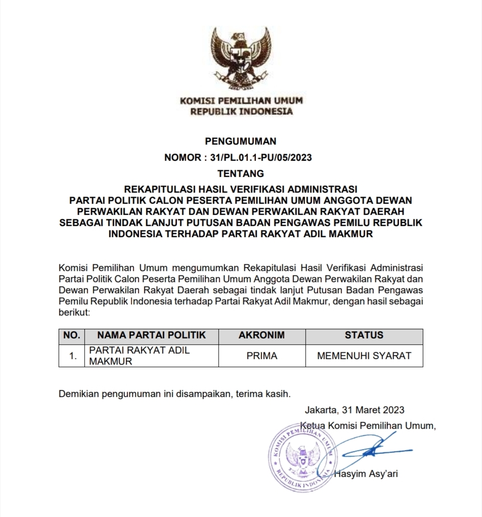 Pengumuman Nomor: 31/PL.01.1-PU/05/2023 tentang Rekapitulasi Hasil Verifikasi Administrasi Partai Politik Calon Peserta Pemilihan Umum Anggota Dewan Perwakilan Rakyat dan Dewan Perwakilan Rakyat Daerah sebagai Tindak Lanjut Putusan Badan Pengawas Pemilu Republik Indonesia terhadap Partai Rakyat Adil Makmur