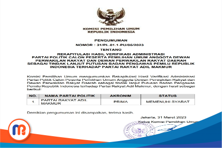 Pengumuman Nomor: 31/PL.01.1-PU/05/2023 tentang Rekapitulasi Hasil Verifikasi Administrasi Partai Politik Calon Peserta Pemilihan Umum Anggota Dewan Perwakilan Rakyat dan Dewan Perwakilan Rakyat Daerah sebagai Tindak Lanjut Putusan Badan Pengawas Pemilu Republik Indonesia terhadap Partai Rakyat Adil Makmur