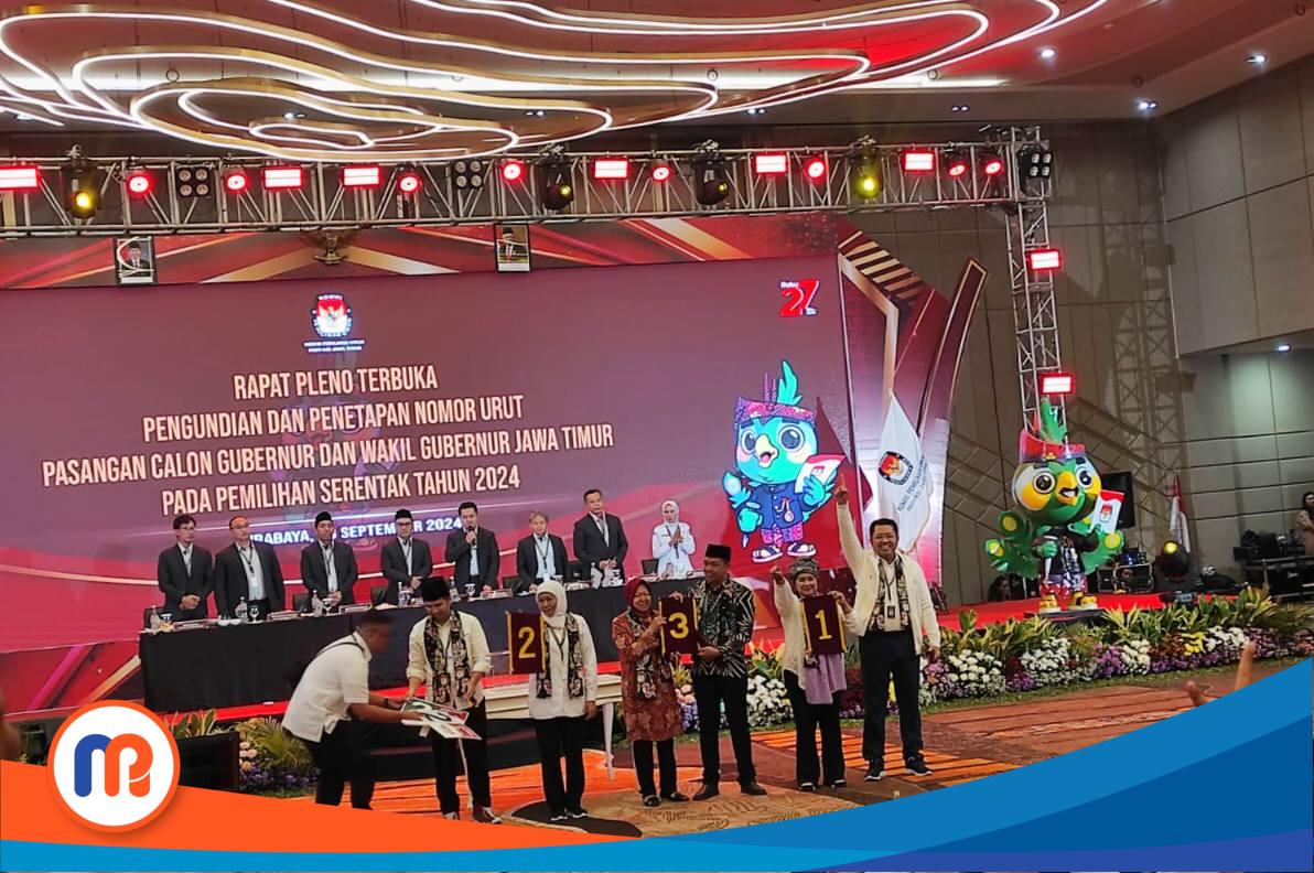 Ketiga pasangan calon Gubernur dan calon Wakil Gubernur Jawa Timur usai mendapatkan nomor urut pasangan calon yang diselenggarakan oleh KPU Jawa Timur, bertempat di salat satu hotel Surabaya pusat Jawa Timur