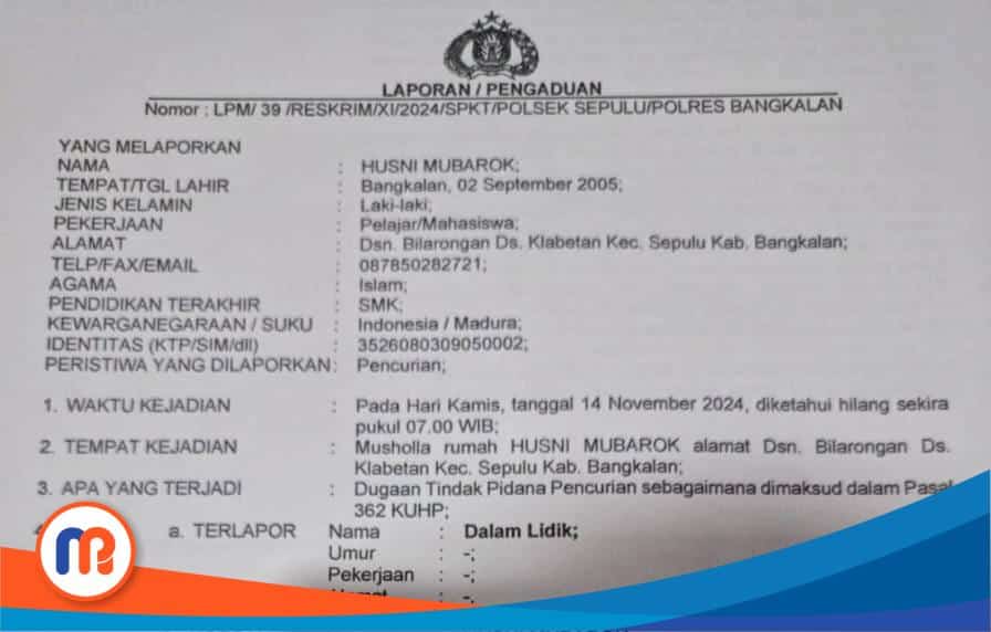 Surat laporan warga Desa Klabetan, Kecamatan Sepulu, Kabupaten Bangkalan yang diduga tidak ditangani oleh Polsek Sepulu hingga saat ini. Bahkan, diketahui bahwa laporan tersebut dilimpahkan ke Polres Bangkalan