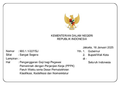 Surat Edaran Kementerian Dalam Negeri Nomor 900.1.1/227/SJ tentang Penganggaran Gaji bagi Pegawai Pemerintah dengan Perjanjian Kerja (PPPK) Paruh Waktu serta Dasar Pemutakhiran Klasifikasi, Kodefikasi dan Nomenklatur
