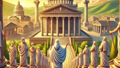 Seorang pemimpin bijaksana di kota kuno berbicara kepada kerumunan atau publik, mencerminkan ada hubungan antara kebijaksanaan dan politik