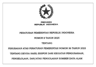 Peraturan Pemerintah Nomor 8 Tahun 2025 yang mengatur tentang penyimpanan DHE SDA