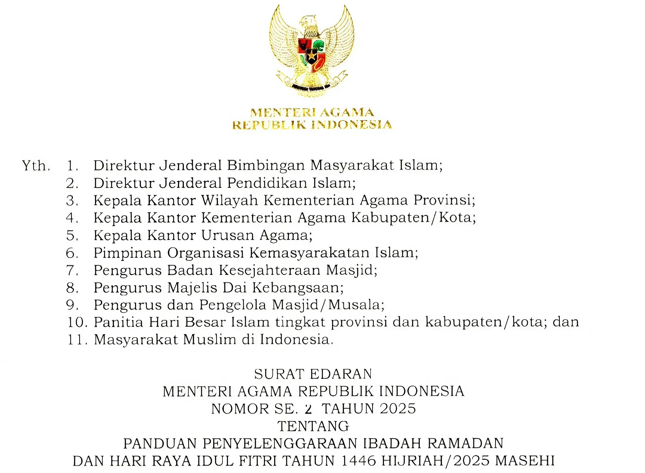 Surat Edaran Menteri Agama Nomor SE. 2 Tahun 2025 tentang Panduan Penyelenggaraan Ibadah Ramadan dan Hari Raya Idul Fitri Tahun 1446 Hijriah/2025 Masehi
