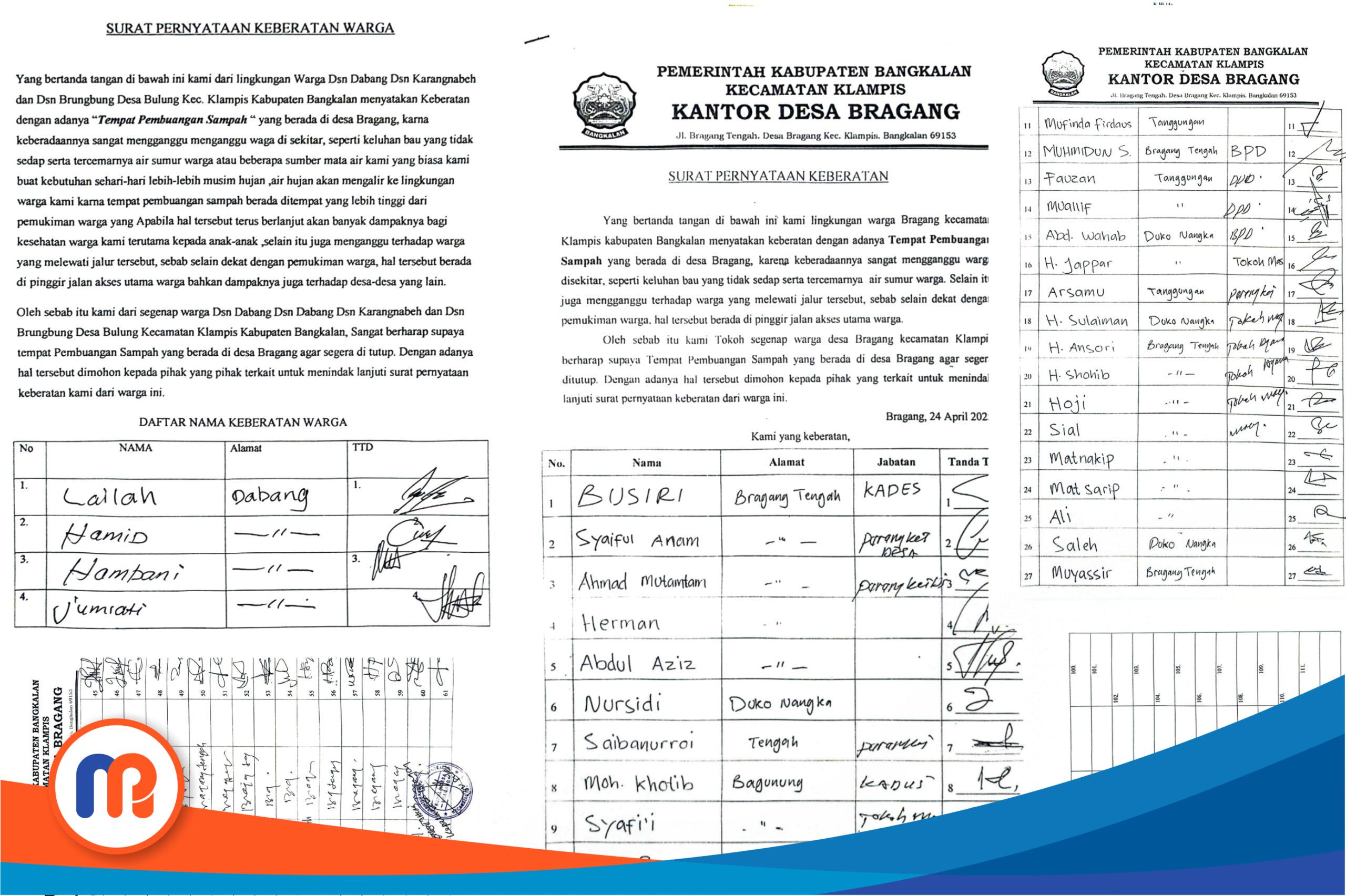 Bukti autentik hasil koordinasi dengan warga yang berdampak langsung penempatan TPAS di Desa Bragang, yang dibuktikan dengan tanda tangan dari masyarakat