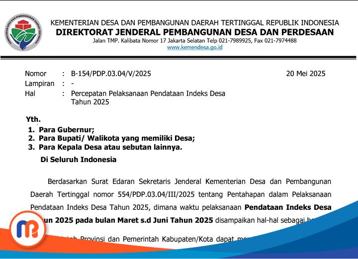 Foto hasil capture dari Surat Edaran yang dikeluarkan oleh Ditjen PDP, Kemendes PDT