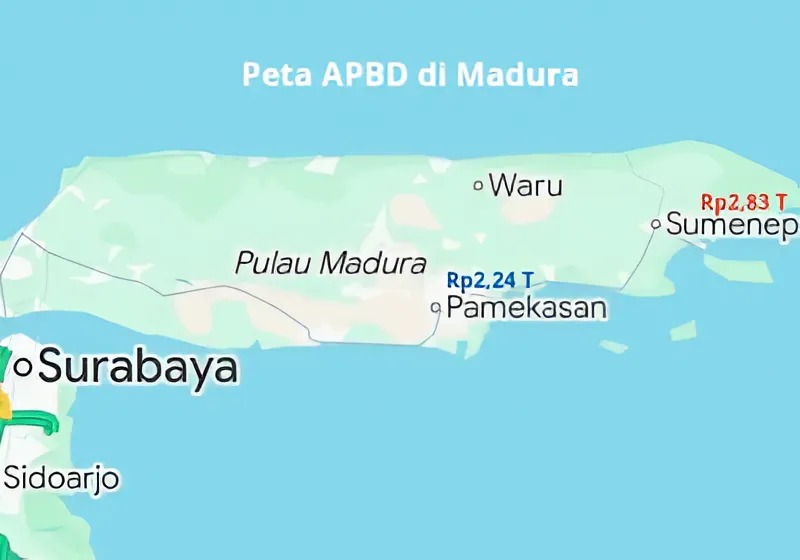 Ilustrasi peringkat Anggaran Pendapatan dan Belanja Daerah (APBD) empat kabupaten di Pulau Madura Tahun Anggaran (TA) 2025. Menurut analisis redaksi Madurapers terhadap data DJPK Kemenkeu RI, peringkat pertama adalah Kabupaten Sumenep dan peringkat terakhir adalah Kabupaten Sampang