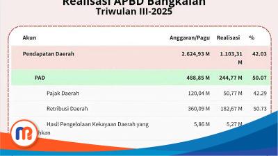 Serapan atau realisasi APBD Bangkalan 2025 di awal Triwulan III-2025. Data DJPK Kemenkeu, Selasa (15/07/2025), memperlihatkan masih berada di bawah angka moderat, atau kurang dari 50 persen.